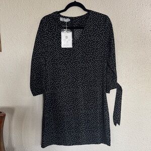 Black Polka Dot Mini Dress with Tie Sleeve
